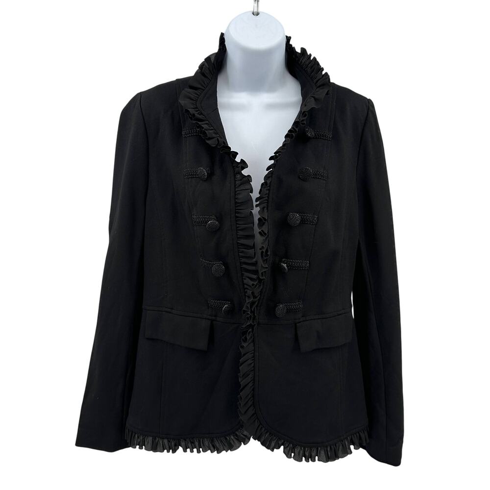 Chico’s Military Style Ruffle Trim Blazer Jacket WMNS 0 Black Open Front Button
